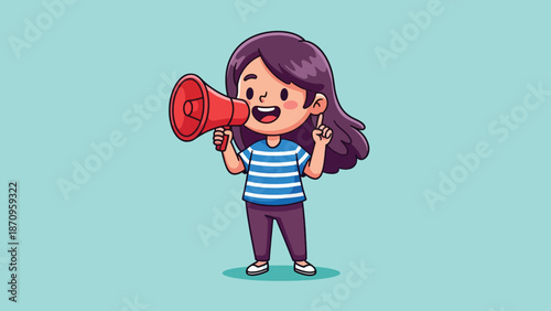 Cute girl holding megaphone and making announcement.