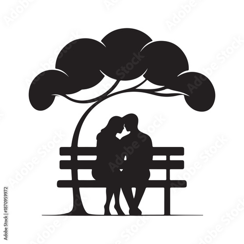 A romantic silhouette of a loving couple sharing an intimate moment on a park bench under a stylized tree