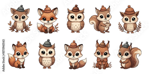Cute Autumn Forest Animals Collection, Fox, Owl, Squirrel Vector Art