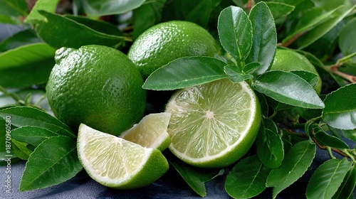 Juicy and fresh green lime whole and cut slices with leaves and twigs. Ripe limes.