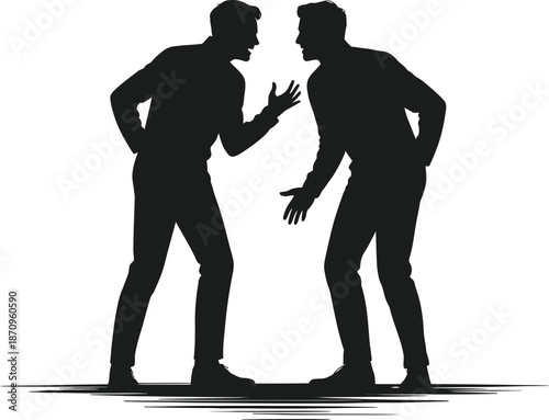 Two actors in dialogue, one gesturing, one listening, overlapping black silhouettes