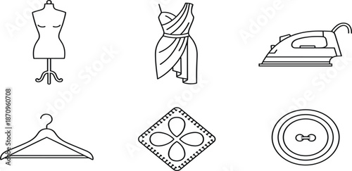 Fashion And Tailoring Line Icon Set Featuring Mannequin Dress Form, Evening Gown, Electric Iron, Hanger, And Button Illustrations