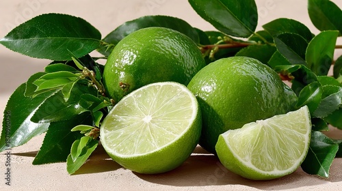 Juicy and fresh green lime whole and cut slices with leaves and twigs. Ripe limes.