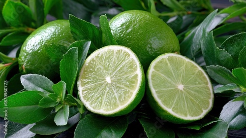 Juicy and fresh green lime whole and cut slices with leaves and twigs. Ripe limes.