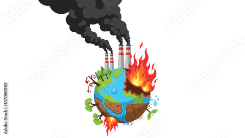 Earth suffering from severe climate change, depicted with factories emitting thick smoke, widespread fires, cracked dry land, and melting ice, highlighting environmental devastation.