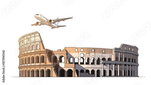 Majestic passenger airplane soaring high above the magnificent ancient Roman Colosseum, vividly symbolizing air travel to historic and culturally rich destinations like Rome.