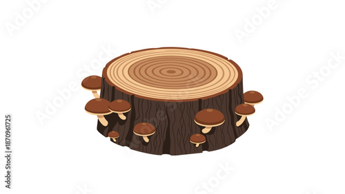 Rustic tree stump with distinct growth rings, surrounded by numerous small brown mushrooms thriving around its base, presented on a clean white background.
