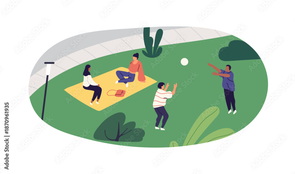 Obraz premium Happy family has a picnic, plays ball on lawn in park in summer. Friends have fun on green grass outdoors. People relax in nature together. Flat isolated vector illustration on white background
