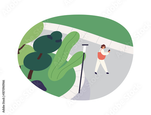 Business woman walks in park, texting in summer. Girl strolls outdoors, carries bag and communicates by smartphone. Person converses by phone on the go. Flat isolated vector illustration on white