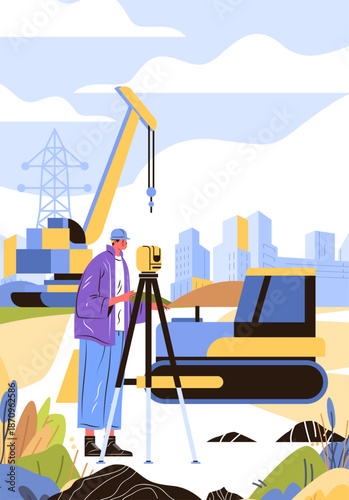 Surveyor engineer construction site heavy machinery cityscape modern worker using theodolite crane bulldozer urban development landscape