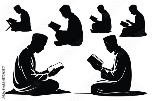 Silhouettes of people reading books in various positions