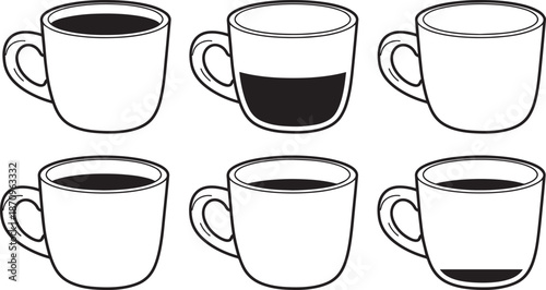 Coffee cup fill level sequence showing different liquid quantities