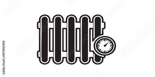 Radiator vector icon, central heating system symbol, temperature control with thermostat, energy saving concept, black outline and filled style, isolated on transparent background, minimalist vector d