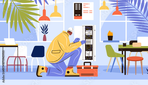 Electrician working electrical panel modern office tools plants colorful interior workspace safety helmet toolbox