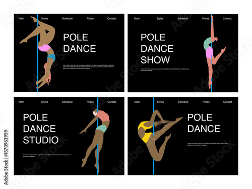 Pole dance classes, web-site background designs set. Poledance dancers, website template, landing page, internet banner with sexy women at high heels show, school, studio. Flat vector illustrations.