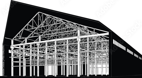 Industrial steel warehouse frame vector illustration, modern factory building structure with trusses, columns, architectural engineering line art design construction interior perspective blueprint