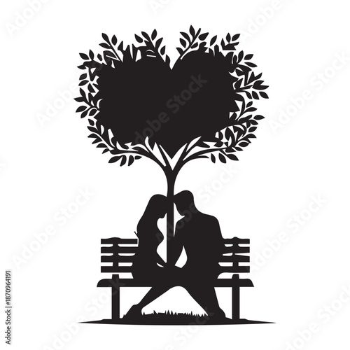 A loving couple finds solace and affection under the shade of a heart-shaped tree