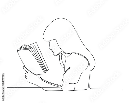 Woman reading a book in a simple line art style.