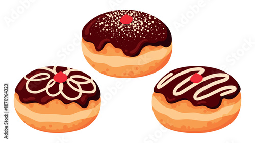 Sufganiyot. Set of Jewish Traditional Hanukkah Holiday Fried Pastry. Chocolate Glazed Jelly Doughnuts