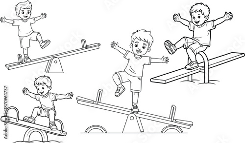 Kids Seesaw Coloring Page Set with Happy Boys Balancing and Playing on Teeter Totters for Children Activity Book Line Art Illustration