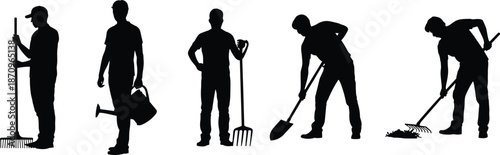 Silhouette Illustration Collection of Male Life Cycle Stages and Men Working with Gardening Tools Like Rake Shovel Pitchfork and Watering Can