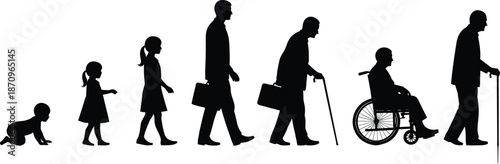 Silhouette Illustration of Human Life Cycle Progressing From Infancy and Childhood to Working Adult Senior in Wheelchair and Elderly Pensioner