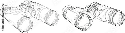 Vector Outline Illustration Set of Professional Binoculars for Bird Watching Hiking Travel and Outdoor Adventure Activities Coloring Book Page
