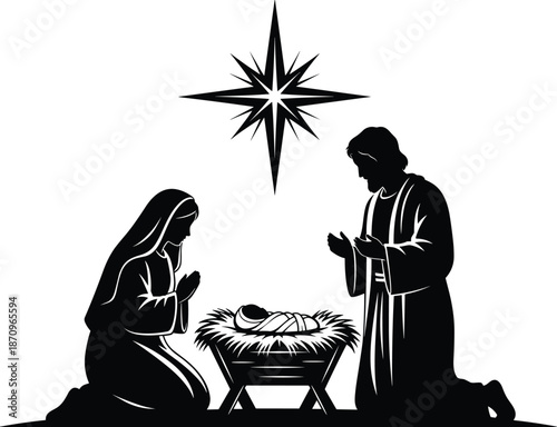 Nativity scene silhouette with Mary Joseph and baby Jesus, holy family worship under Bethlehem star, Christian Christmas vector illustration art