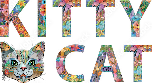 Words KITTY CAT. Vector zentangle object for decoration