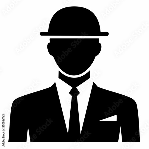 Black silhouette of a man wearing a suit, tie, and bowler hat, representing a formal or business figure.
