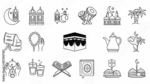 A collection of 20 line icons depicting various Ramadan symbols and objects on a white background.