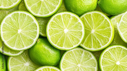Juicy texture of fresh green lime slices background. Pattern of overlapping slices of lime, creating an abstract seamless background. 