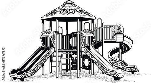 Outdoor Children Playground Equipment Vector Illustration, Public Park Recreational Slide Set with Gazebo Roof, Kids Play Structure Silhouette Isolated on White Background for Design
