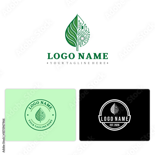 Modern Eco-Tech Logo with Leaf and Circuit Integration – VerdiCore Template