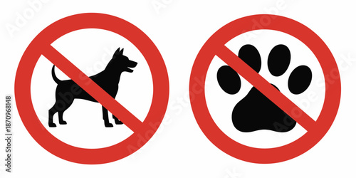 No dogs and no pets forbidden sign featuring animal silhouette, paw print, and footprint inside red circle with diagonal line, flat style vector icon ideal for public, private, safety, 