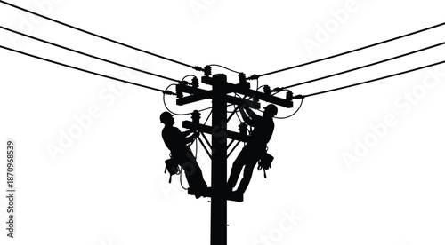 Silhouette utility linemen working on electrical power pole and overhead cables, industrial safety and energy infrastructure concept, black white vector illustration