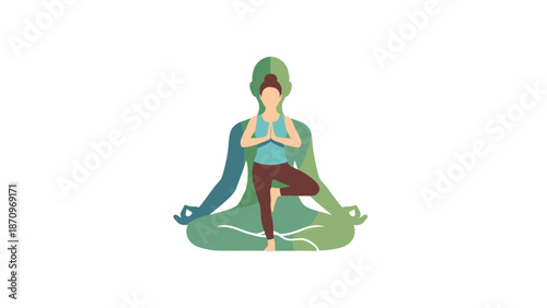A serene woman maintains perfect balance in a graceful yoga tree pose, her stance symbolizing mindfulness and well-being, set against a backdrop of inner peace and deep meditation.