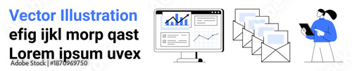 Digital marketing, data analysis, email campaigns, communication tools, online analytics, business organization. Computer monitor showing graphs, emails and a person with a tablet. digital marketing