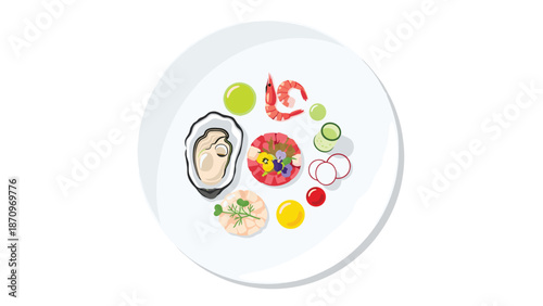 An exquisite gourmet plate features a meticulously arranged oyster, shrimp, vibrant sauces, and fresh vegetables, showcasing high-end culinary artistry and fine dining.