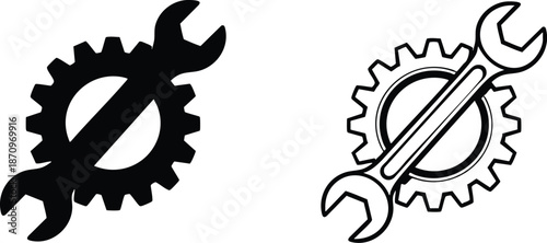 crossed wrench and gear icons, Engineering Development Graphics, Industrial Maintenance & Repair Symbols, Crossed Wrenches and Cogwheels, vector, illustration, silhouette