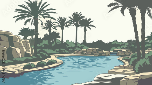 Tropical resort swimming pool with palm trees, blue sky, and clear water for a summer vacation