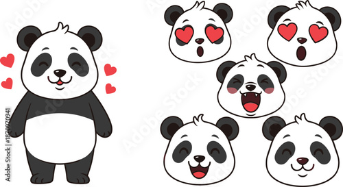 Cartoon panda, cute expressions, heart eyes, happy face, blushing cheeks, emotional icons, love theme, kawaii style, vector illustration, white background