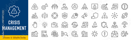 Crisis management web icon set in line style. Management, risk, business strategy, feedback, assessment, protection, crisis, collection. Editable stroke. Vector illustration.
