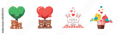 Cute animal couples in love: bears, rabbits, birds with trees and cupcake