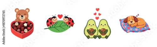 Cute valentine characters: bear with chocolates, ladybugs, avocados, sleeping dog