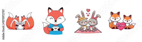 Cute fox and bunny characters with hearts and letters displaying love and friendship