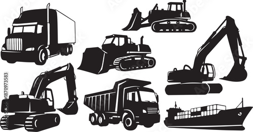 Black and white construction vehicles icon set