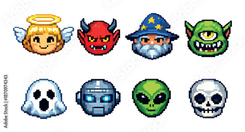Pixel art icons featuring angel, devil, wizard, cyclops, ghost, robot, alien, and skull