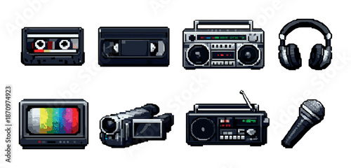Retro electronics icons: cassette, boombox, headphones, tv, camcorder, radio, microphone