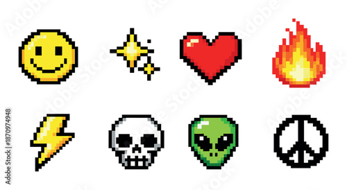 Pixel art symbols: smiley, sparkle, heart, flame, lightning, skull, alien, peace